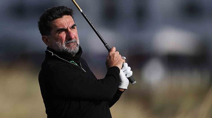 LIV Golf chairman Yasir Al-Rumayyan tees off during the 2023 Alfred Dunhill Links Championship at Carnoustie Golf Links in St. Andrews, Scotland.